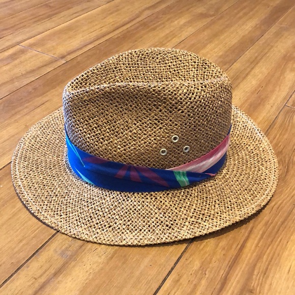 Vintage Accessories - Vintage Golden Gate Woven Straw Fedora Hat with floral band, Size M